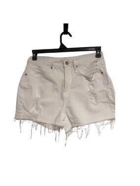 Good American White Distressed Frayed-Hem Denim Shorts